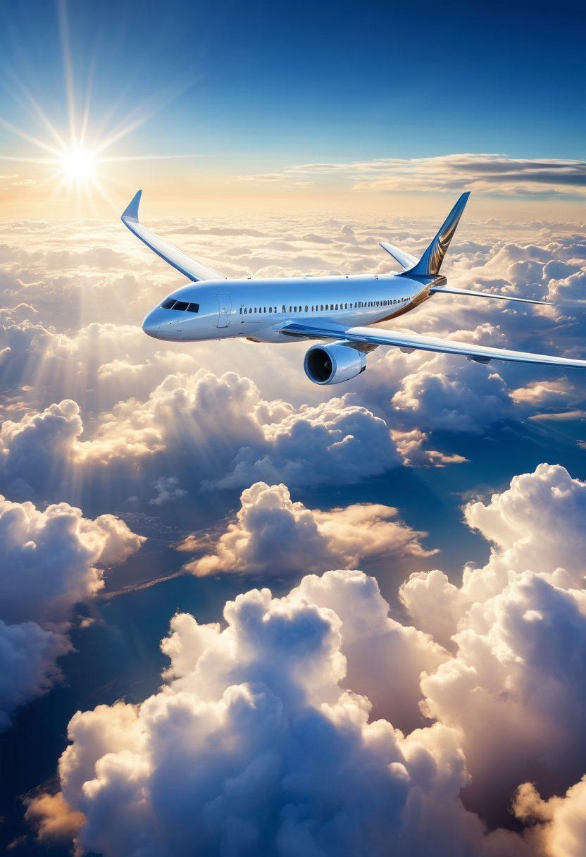 A breathtaking aerial view of a modern airplane soaring high above the clouds, with a vibrant blue sky and golden sunlight filtering through the fluffy white clouds. Incorporate travelers eagerly looking out the window, capturing the sense of adventure and freedom that air travel offers. Include travel essentials like luggage and travel guides subtly integrated into the scene. super-realistic. vibrant colors.