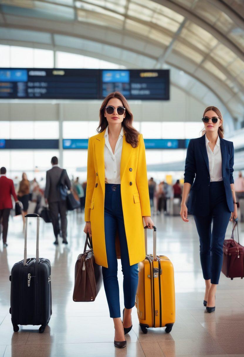 A chic and stylish airport scene capturing modern jetsetters. Showcase a diverse group of people, dressed in trendy travel outfits, using smartphones and tablets to book flights and check boarding passes. Incorporate luxurious luggage and a vibrant backdrop of a modern airport terminal with digital displays. The atmosphere should exude a sense of adventure and sophistication. vibrant colors. super-realistic.