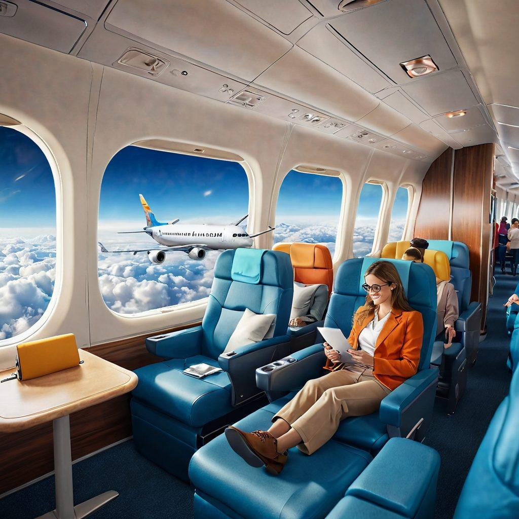 A serene airplane soaring above fluffy clouds, with a cozy interior showcasing happy passengers enjoying their flight experience. Include hints of an airport terminal in the background, highlighting lounge areas and friendly staff. Use warm, inviting colors to evoke a sense of comfort and adventure. super-realistic. vibrant colors. airy atmosphere.